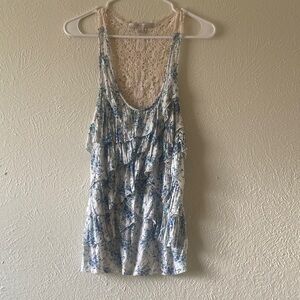 Lace-Back Floral Ruffle Tank Top - White & Blue